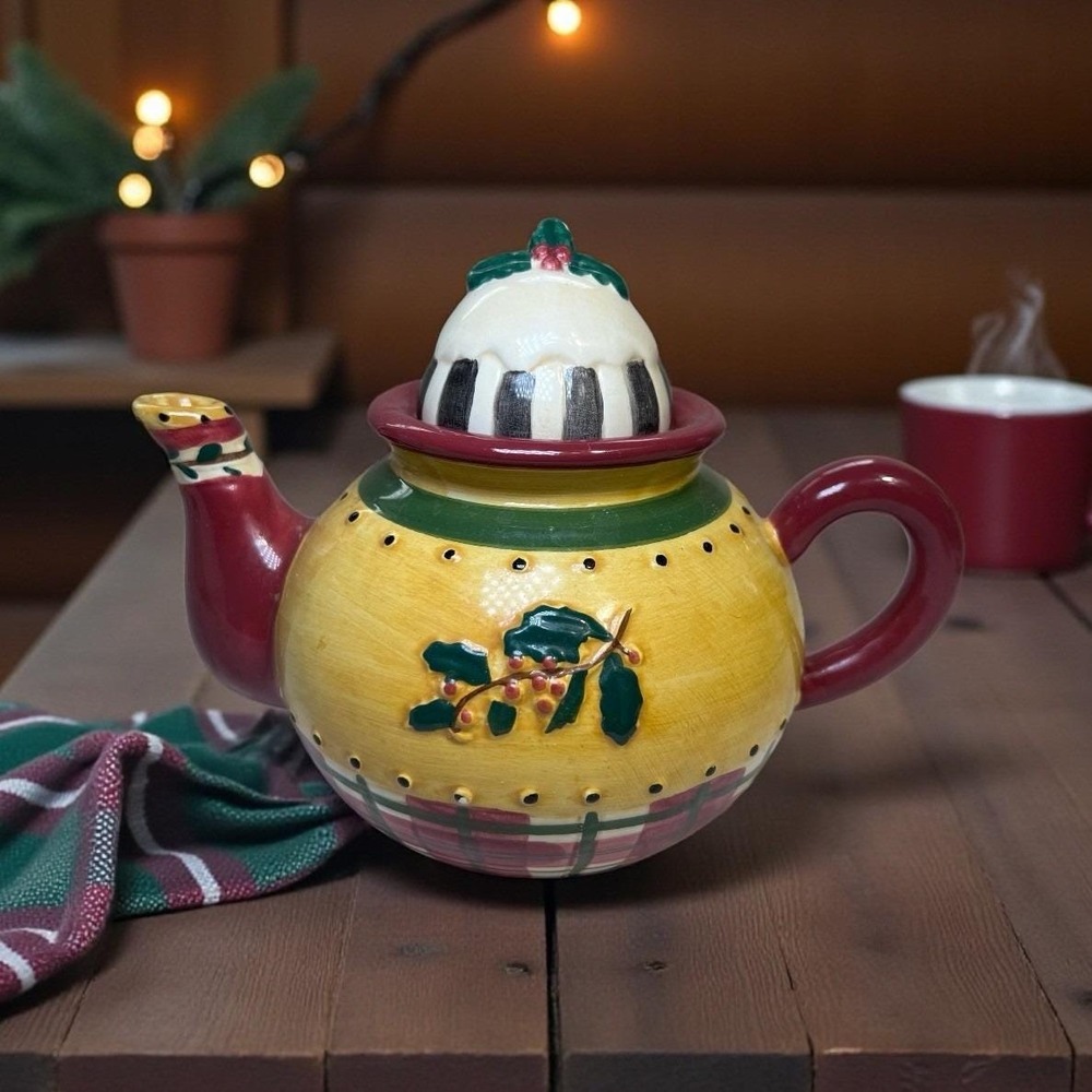 Debbie Mumm Sakura Small Teapot Christmas Holly Berries and Plaid Handpainted‎